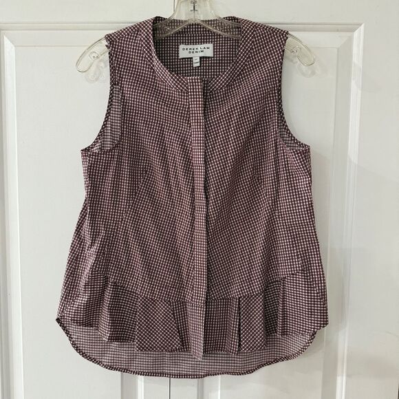 Derek Lam Purple Sleeveless Pleated Gingham Print Blouse with Mandarin Collar - Picture 1 of 5